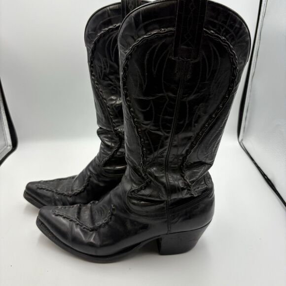 Dan Post Embroidered Black Leather Cowboy Boots Men’s 7 Vintage - Picture 10 of 12